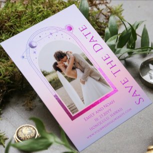 Mystische rosa lila himmlische Zwei-Foto-Hochzeit Save The Date