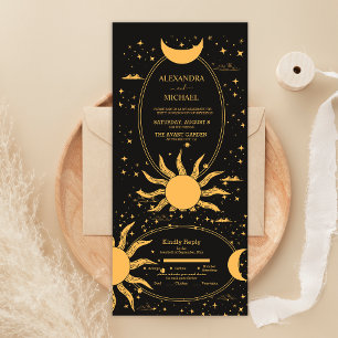 Mystische Schwarz-Gold-Sonne-Mond-Hochzeit All In One Einladung