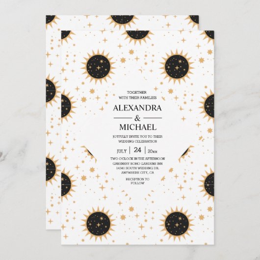 Mystische schwarz-weiße Himmelsstars Hochzeit Einladung (Vorne/Hinten)