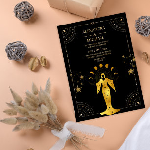 Mystische schwarze Gold-Himmelsmond-Hochzeitseinla Einladung