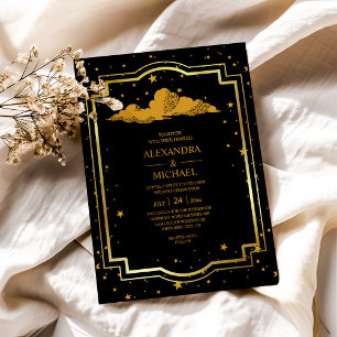 Mystische schwarze Gold-Himmelssterne Hochzeit Acryleinladungen