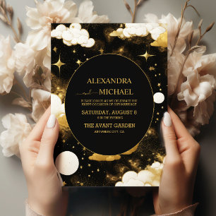 Mystische schwarze Gold-Sonne-Mond-Sterne-Hochzeit Einladung