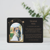 Mystische Schwarze Gold Star Moon Foto Hochzeit Dankeskarte (Stehend Vorderseite)