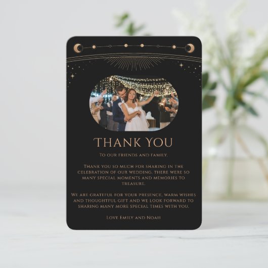 Mystische Schwarze Gold Star Moon Foto Hochzeit Dankeskarte (Stehend Vorderseite)