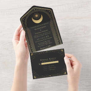 Mystische schwarze Gold-Tarotkarte Hochzeit All In One Einladung