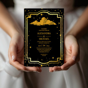 Mystische schwarze Goldene Himmelssterne Hochzeits Einladung