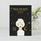 Mystische Schwarze goldene Sonnenhochzeit Rette di Save The Date (Stehend Vorderseite)