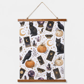 Mystische schwarze Katze Halloween Himmels-Tarot Wandteppich Mit Holzrahmen