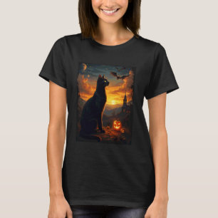 Mystische schwarze Katze Halloween Mondlicht-Party T-Shirt