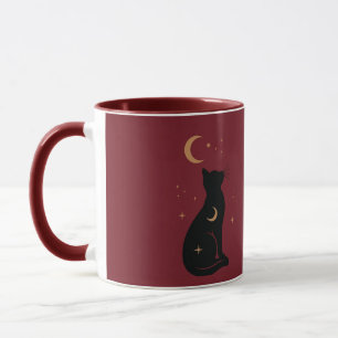 Mystische schwarze Katze & Himmelmond Burgunder Tasse