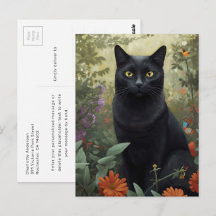 Mystische schwarze Katze im Garten Postkarte