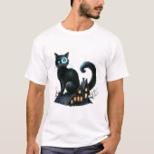 Mystische schwarze Katze im Spuk Haus T-Shirt (Vorderseite)