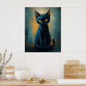 Mystische schwarze Katze in Türkisschatten Poster (Küche)