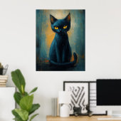Mystische schwarze Katze in Türkisschatten Poster (Heimbüro)