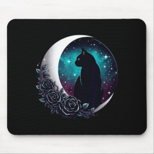Mystische schwarze Katze mit Mond und Rosen Himmel Mousepad