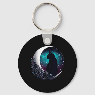 Mystische schwarze Katze mit Mond und Rosen Himmel Schlüsselanhänger