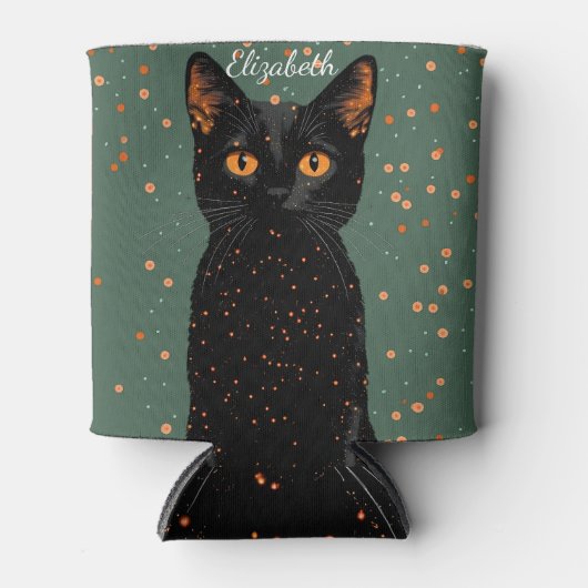 Mystische schwarze Katze mit orangefarbenen Augen  Dosenkühler (Vorderseite)