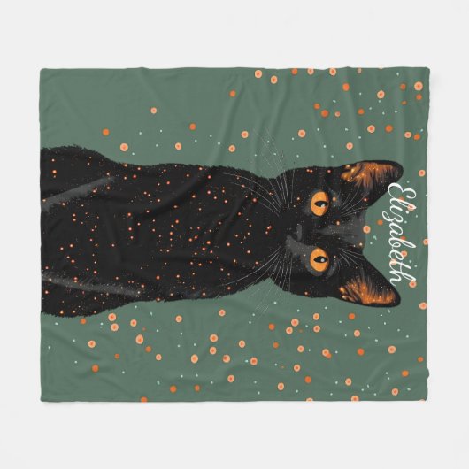 Mystische schwarze Katze mit orangefarbenen Augen Fleecedecke (Vorderseite (Horizontal))