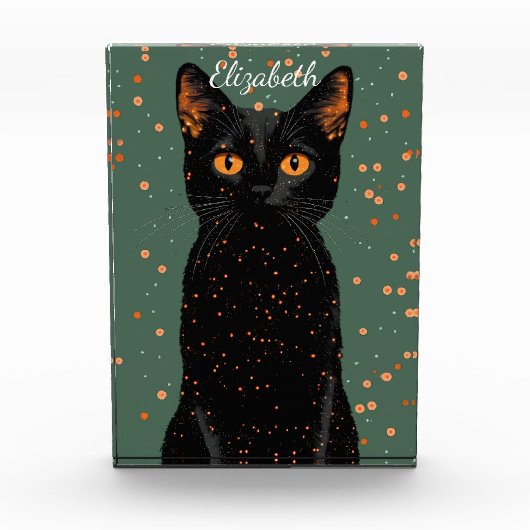 Mystische schwarze Katze mit orangefarbenen Augen Fotoblock (Vorderseite)