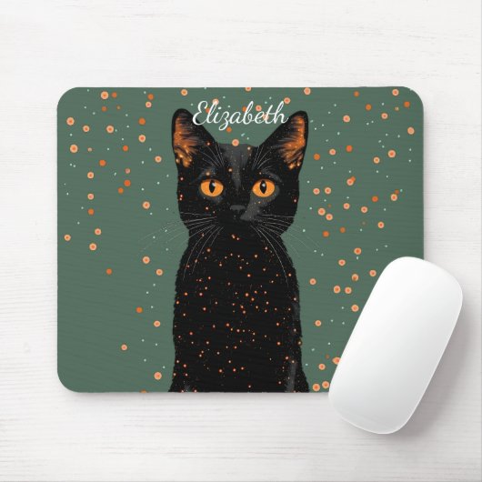Mystische schwarze Katze mit orangefarbenen Augen  Mousepad (Mit Mouse)