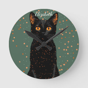 Mystische schwarze Katze mit orangefarbenen Augen Runde Wanduhr