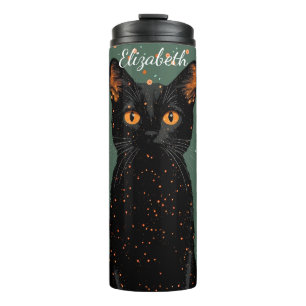 Mystische schwarze Katze mit orangefarbenen Augen Thermosbecher