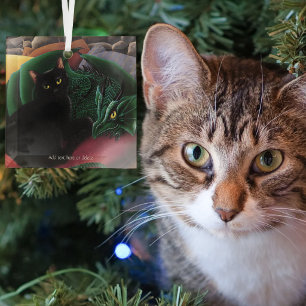 Mystische schwarze Katze Smaragdgrüner Drache Fant Ornament Aus Glas