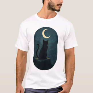 Mystische schwarze Katze unter dem Halbmond T-Shirt