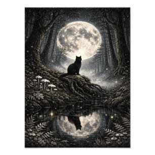 Mystische schwarze Katze unter Vollmondwaldplakat Fotodruck