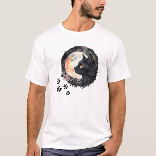 Mystische Schwarze Katze & Vollmond Wasserfarben K T-Shirt (Vorderseite)