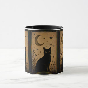 Mystische schwarze Katzenmond und Sterne Vintage-G Tasse