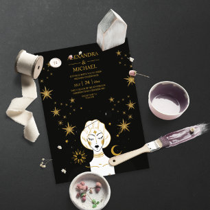 Mystische Schwarzgoldene Himmelsmond-Hochzeit  Einladung