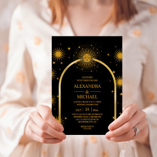 Mystische Schwarzgoldene Himmelssterne Hochzeit  Einladung