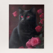 Mystische Schwarzkatze und blühende Rose Puzzle (Vertikal)