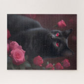Mystische Schwarzkatze und blühende Rose Puzzle (Horizontal)