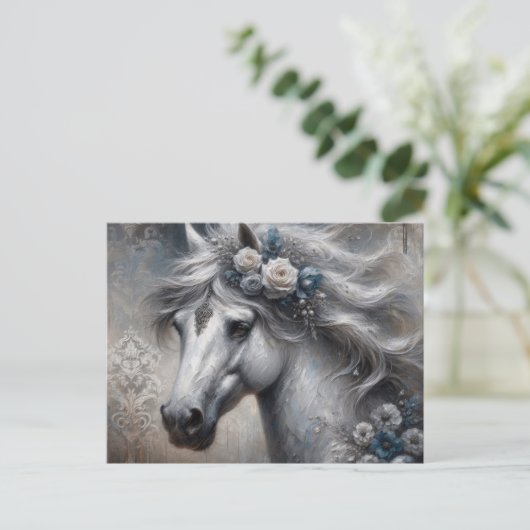 Mystische Silber-Pferde-Ölmalerei im Kunststil Postkarte (Stehend Vorderseite)
