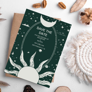 Mystische Silber- und grüne Sonnenmondhochzeit Save The Date