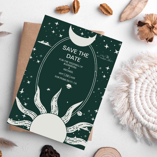 Mystische Silber- und grüne Sonnenmondhochzeit Save The Date