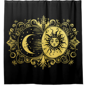 Mystische Sonne und Mond in Gold Duschvorhang