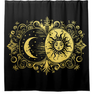 Mystische Sonne und Mond in Gold Duschvorhang