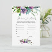 Mystische Sukkulationen Brautparty Game Einladung (Stehend Vorderseite)