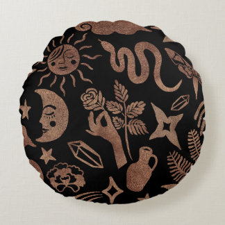 Mystische Symbole: Schlange, Sonne, Mond. Rundes Kissen