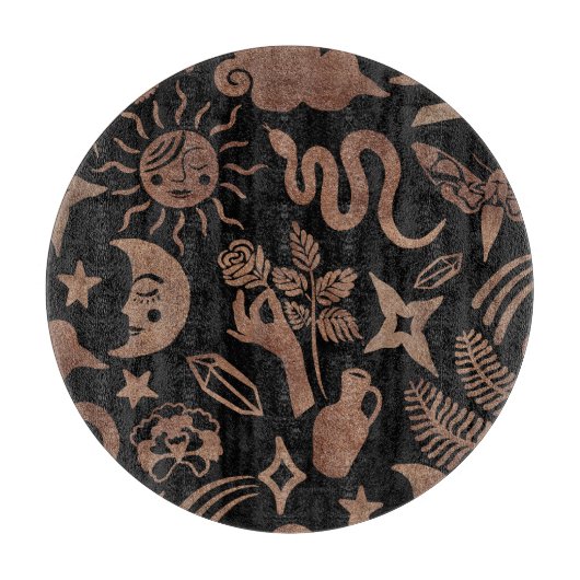 Mystische Symbole: Schlange, Sonne, Mond. Schneidebrett (Vorderseite)