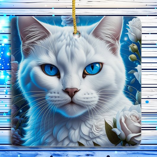 Mystische weiße Katze mit blauen Augen Weihnachten Keramikornament