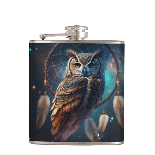 Mystische Weltraum-Eule mit Dreamcatcher-Kunst Flachmann (Vorderseite)