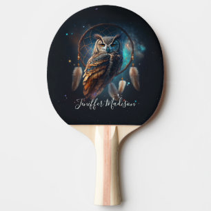 Mystische Weltraum-Eule mit Dreamcatcher-Kunst Tischtennis Schläger