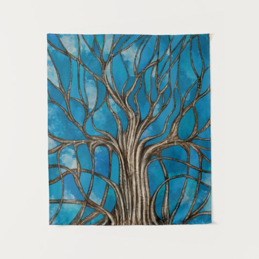 Mystischer Baum des Lebens Mosaik Blaue Wasserfarb Wandteppich (Vorderseite)