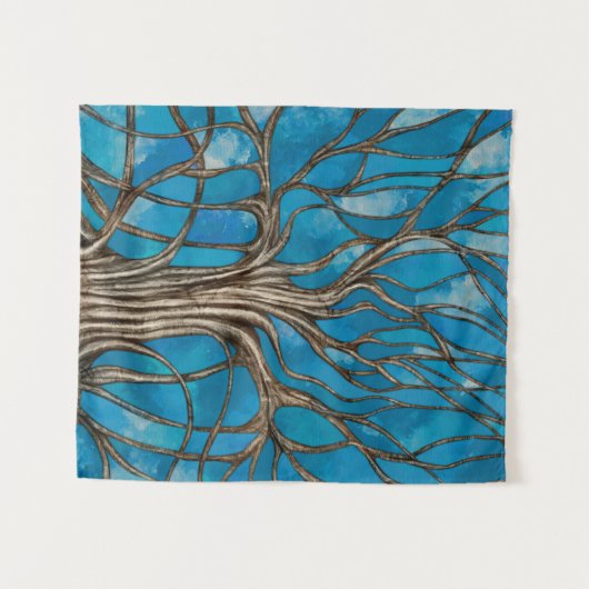 Mystischer Baum des Lebens Mosaik Blaue Wasserfarb Wandteppich (Vorderseite (Horizontal))