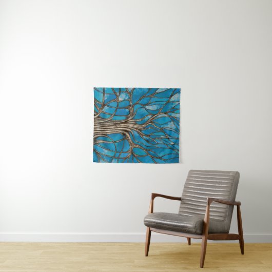 Mystischer Baum des Lebens Mosaik Blaue Wasserfarb Wandteppich (Beispiel (Horizontal))