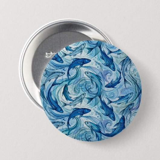 Mystischer blauer Fisch fließt in Harmonie Button (Vorne & Hinten)
